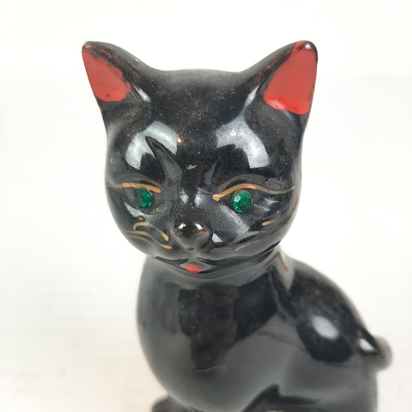 🔥Redware Black Cat Green Rhinestone Eyes 5½" Tall Figurine Halloween Decor - Picture 3 of 6